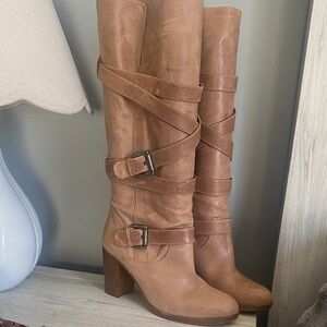Stylish Tan Heeled Boots with Buckle Detail
